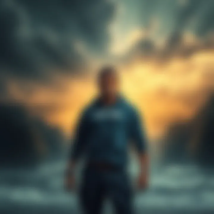 Resilient Survivor A determined person stands strong against a stormy backdrop, symbolizing the fight against adversity with a look of courage and hope.