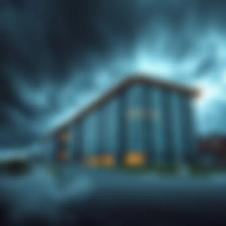 A sturdy building designed to withstand storms and earthquakes, surrounded by dark clouds and strong winds