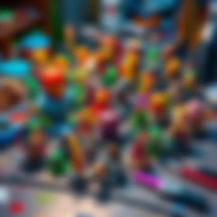 A variety of vibrant resin miniatures of different characters and shapes displayed on a crafting table with paint and tools nearby