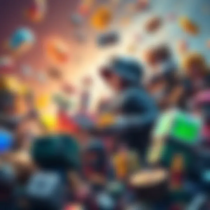 Various resource gathering game icons and characters collecting items