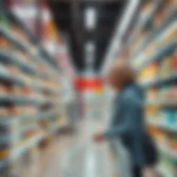 A shopper looks at shelves in a modern grocery store, checking for product availability as technology monitors inventory levels.