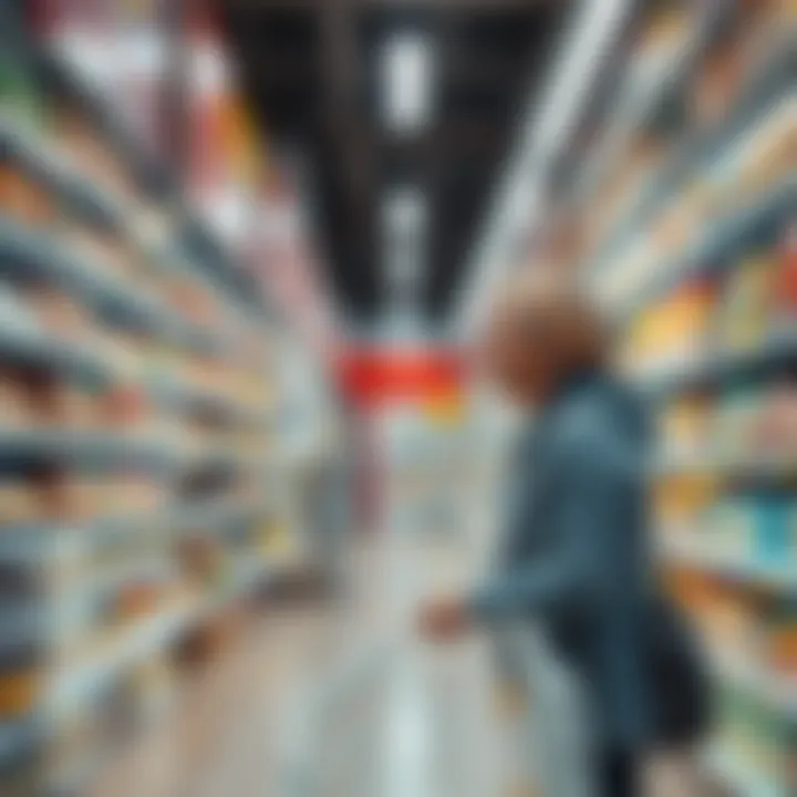 A shopper looks at shelves in a modern grocery store, checking for product availability as technology monitors inventory levels.