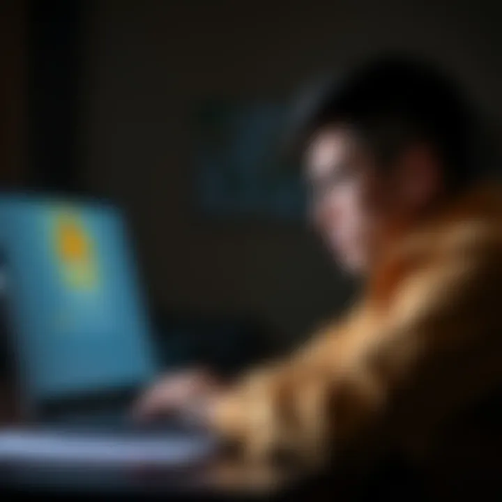 Restricted Account Concept A person looking worried while checking their restricted account status on a laptop, with a warning symbol on the screen.