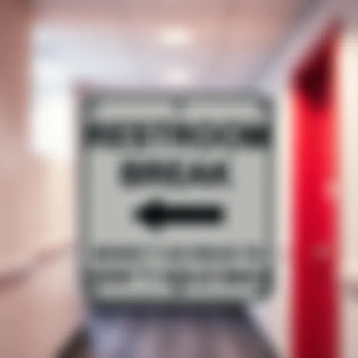 Restroom Break Sign A clear restroom break sign with an arrow pointing towards the facilities, indicating the importance of taking breaks.