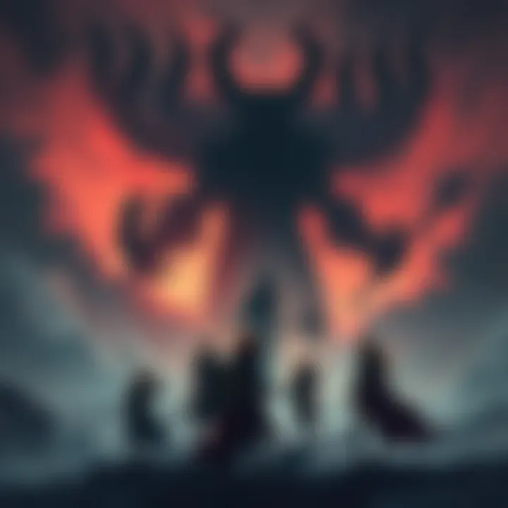 A group of adventurers preparing to flee from a dark, shadowy figure representing Vecna, ominous clouds swirling above them.