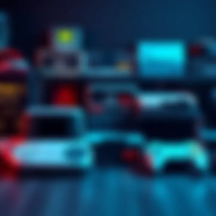 A collection of retro video game consoles including Atari, NES, and Sega displayed together