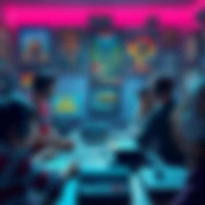 Group of gamers discussing a classic retro game at a table, surrounded by vintage gaming consoles and posters