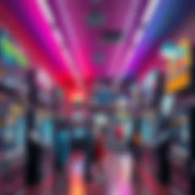 A vibrant video store interior filled with retro game displays and customers excitedly browsing.