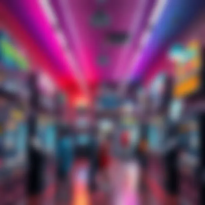 Retro Rewind Video Store A vibrant video store interior filled with retro game displays and customers excitedly browsing.