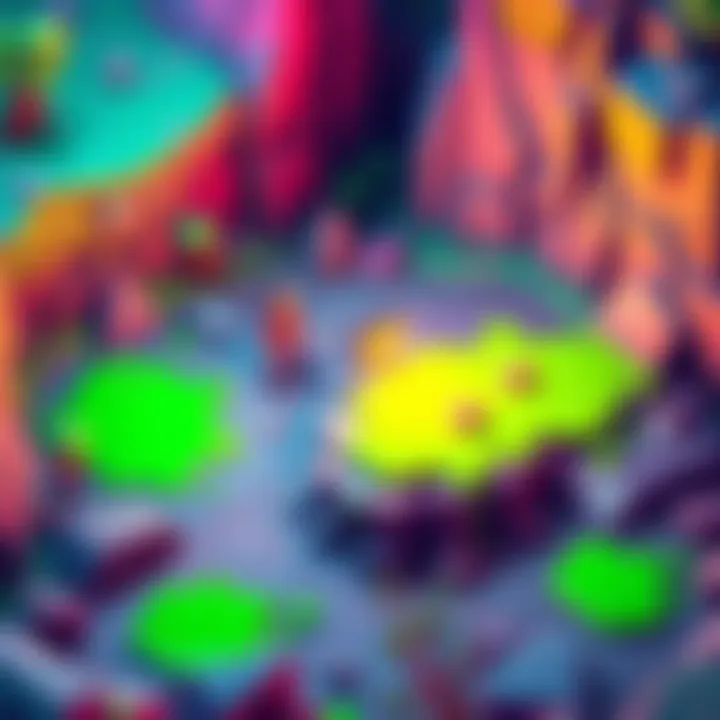 A character exploring a colorful alien landscape with green acid puddles and strange enemies in a 2000s isometric game style.