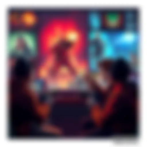 Four gamers discussing retro first-person shooter games with game artwork in the background