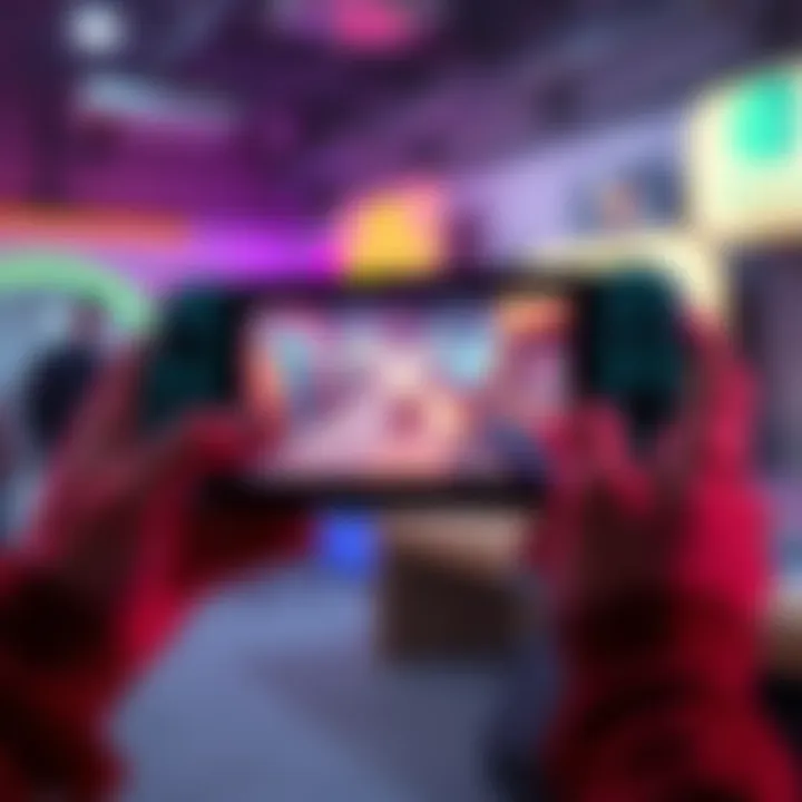 A person holding a Nintendo Switch Lite while playing a retro-style FPS game with bright graphics on the screen