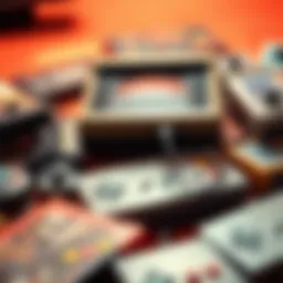 A vintage gaming console surrounded by classic game cartridges, showcasing nostalgia and retro gaming culture.