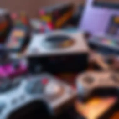 An old-school gaming console surrounded by classic game cartridges and controllers