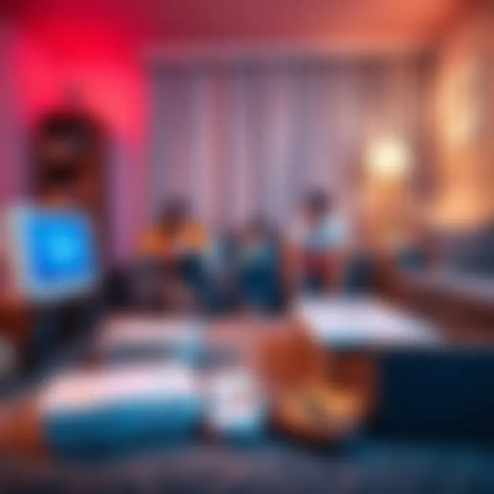 Various retro gaming consoles including the Wii, arranged in a cozy living room setting with a family playing together.