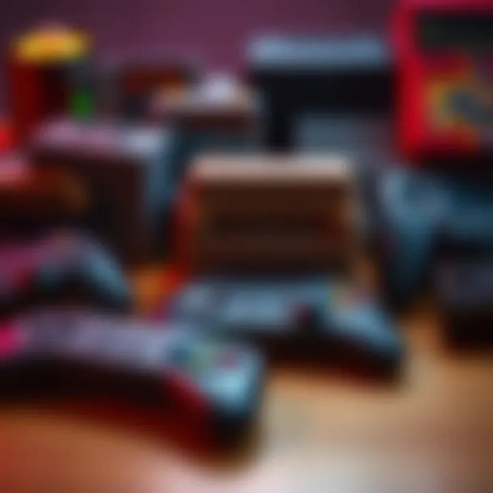 Retro gaming nostalgia A collection of classic game cartridges and controllers representing nostalgic video games, evoking memories of past gaming experiences.