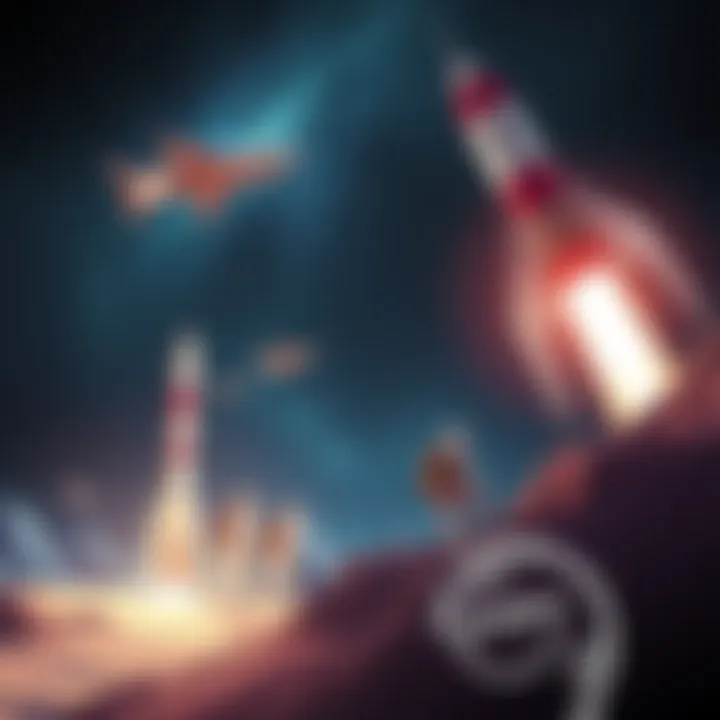 Retro Space Game Art A retro-style 1950s sci-fi space scene with astronauts and classic rocket ships against a starry sky.