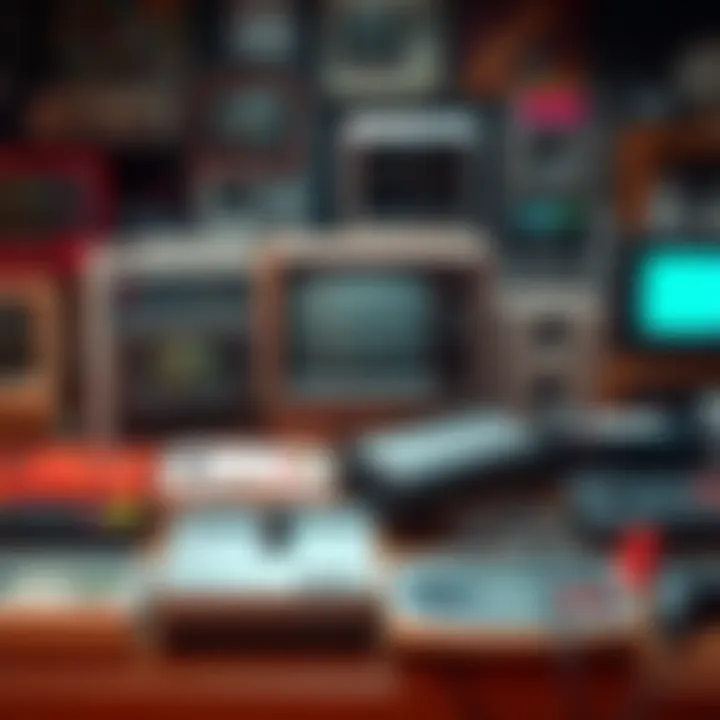 A collection of retro video game consoles and old technology gadgets on display.