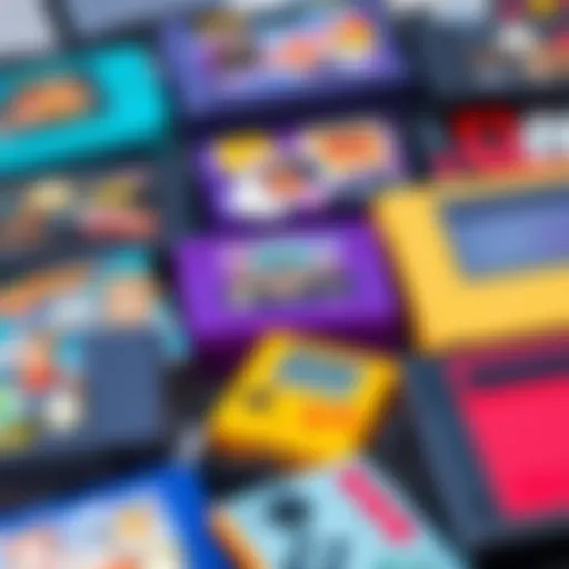 Colorful retro video games A collection of classic video game cartridges and consoles, showcasing their vibrant designs and textures, emphasizing nostalgia and creativity in gaming.