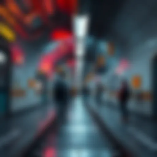 Players exploring a fully realized subway station in RetroSpace, with tracks visible and caution signs around.