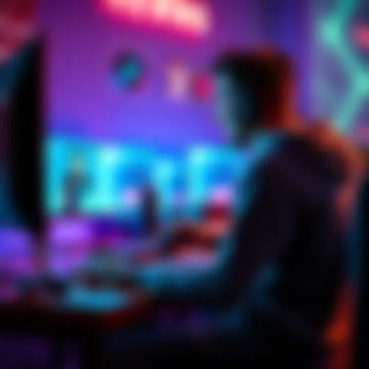 A gamer sitting at a desk with a game controller and computer screen, looking excited about the latest gaming news.