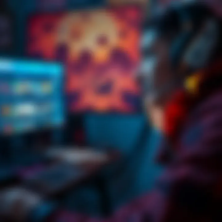A fan looks puzzled while searching for information about Returnal's new DLC, surrounded by gaming paraphernalia and a computer screen showing game forums.