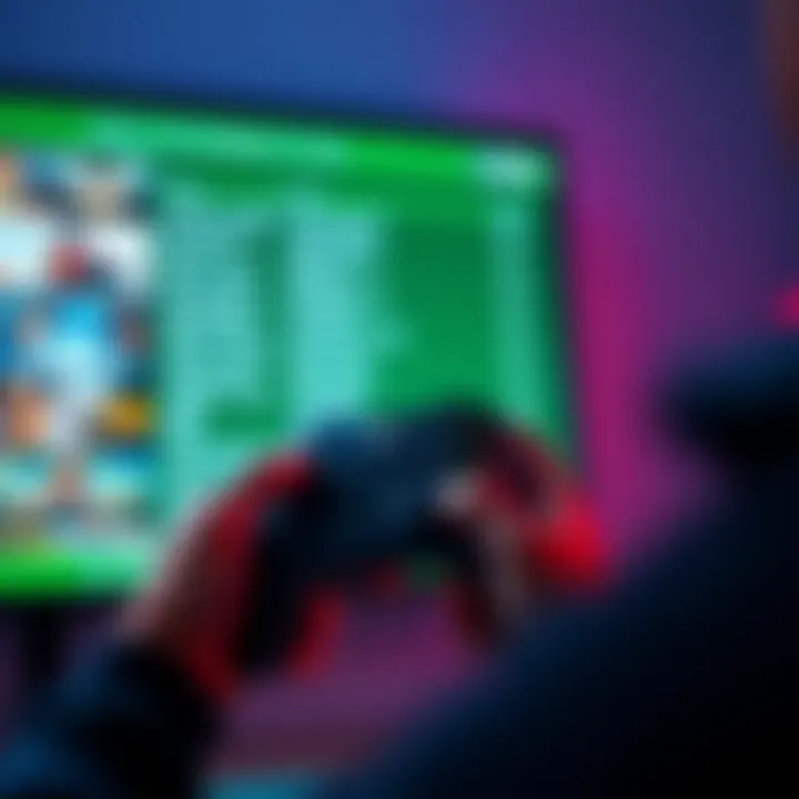 A gamer holding an Xbox controller while looking at a list of game recommendations on a screen