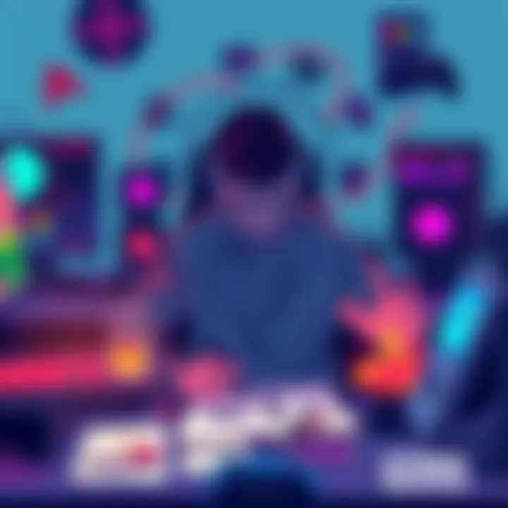 Illustration of a gamer surrounded by gaming consoles and strategy notes