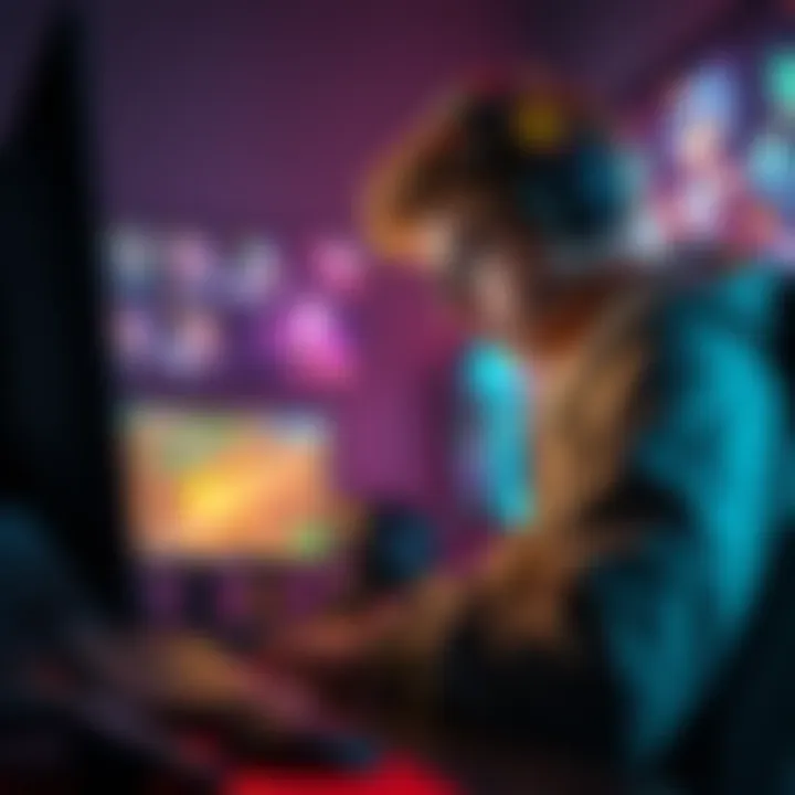 A gold-ranked gamer studying strategies on a computer with game graphics in the background