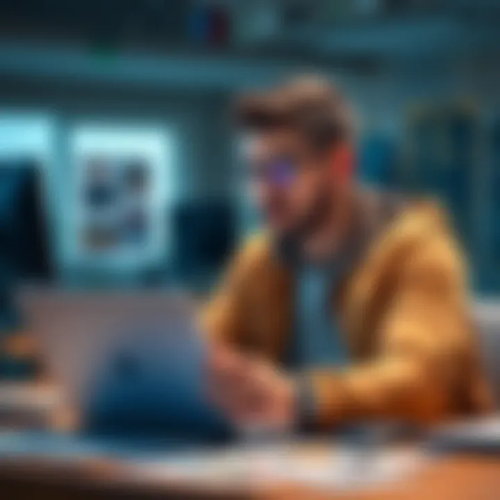 A returning player focused on achieving endorsement level 2, sitting at a desk with a strategy guide and a laptop open, looking determined.