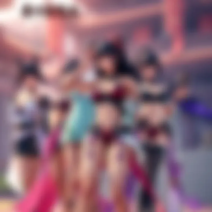 A group of characters in Wuchang wearing various revealing outfits, showcasing unique designs and styles, set against a game background.