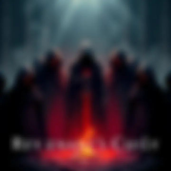 A shadowy figure surrounded by cultists in dark cloaks, hinting at a new legend's family joining the group, set in a mysterious location.