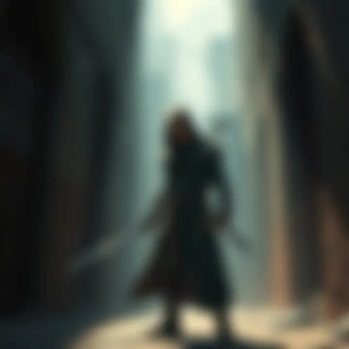 A character holding a sword looks determined, standing in a darkened alley with shadows around, symbolizing the quest for vengeance in a game.