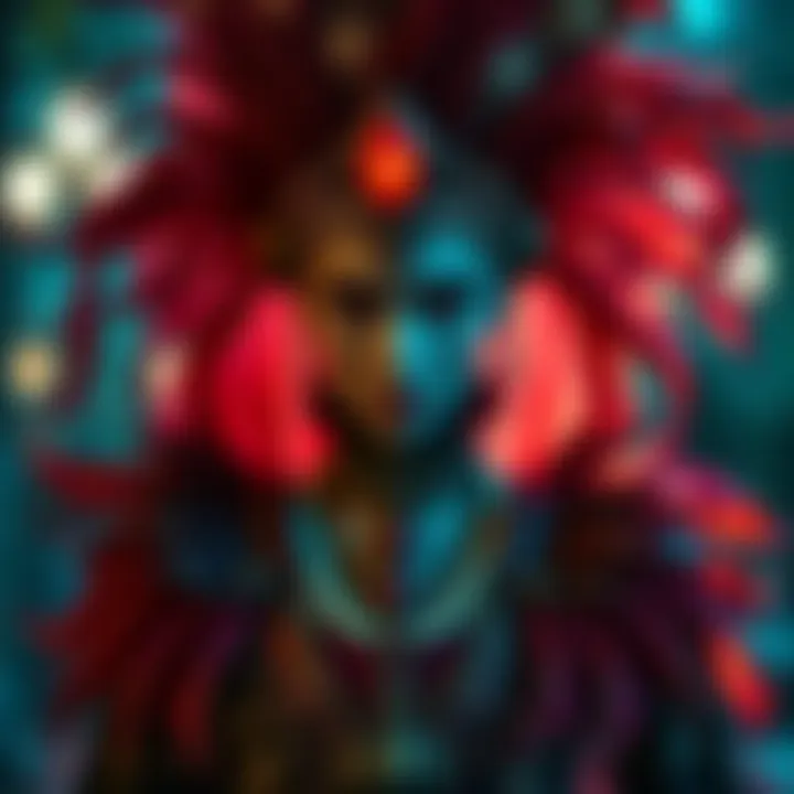 A character named Reverence in a striking costume, symbolizing themes of grandeur and mismanagement in entertainment