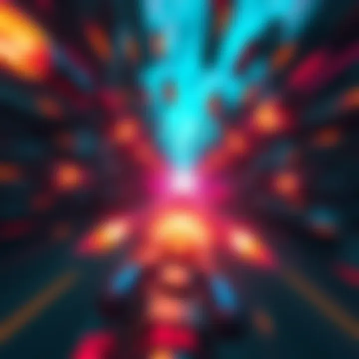 A scene showing a player dodging incoming bullets in a reverse bullet hell game with vibrant colors and fast-paced action