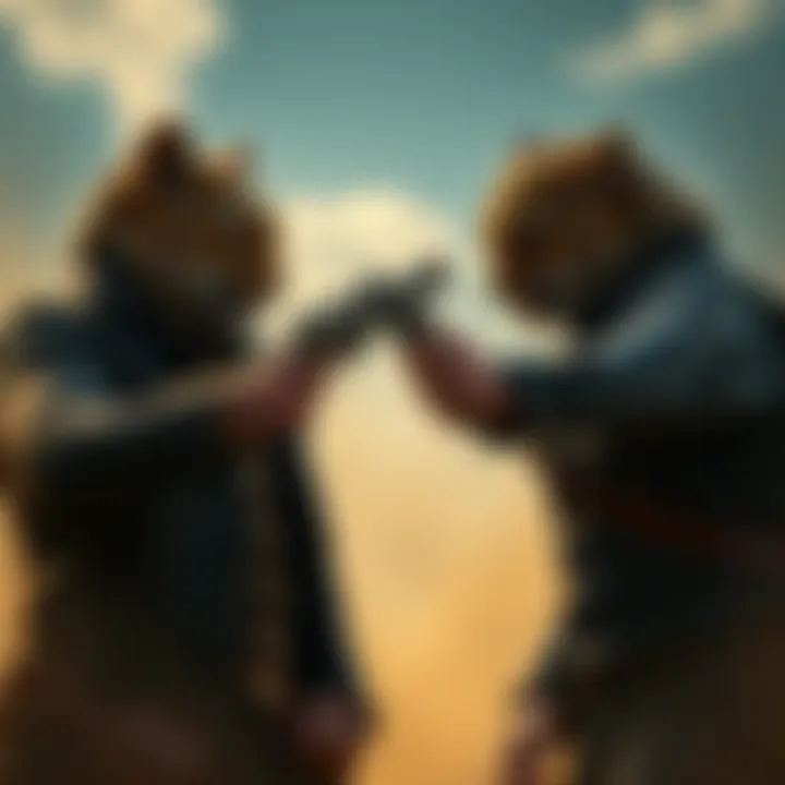 Revolver Ocelot and Arthur Morgan face off, each holding a revolver, in a tense standoff under a dusty sky.