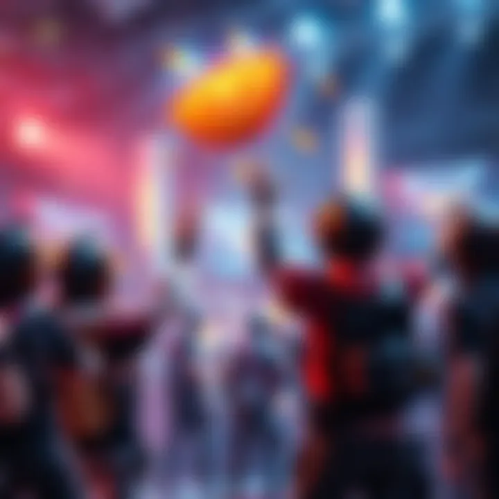 A scene of a competitive game showing players celebrating a takedown with rewards appearing above them.