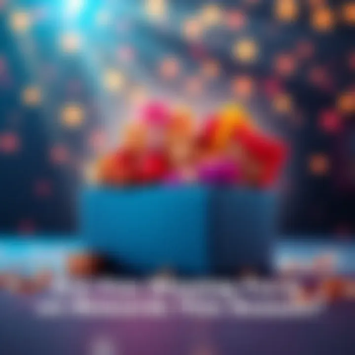 A colorful rewards box filled with various gifts, symbolizing the concept of rewards and engagement.