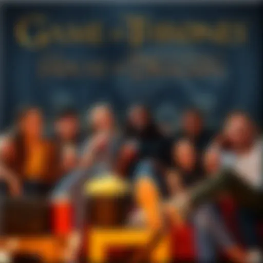 A group of friends sitting on a couch, watching Game of Thrones with popcorn and drinks, excited for House of the Dragon.