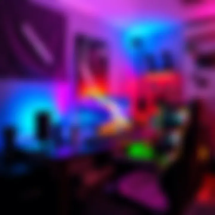 A gaming room with a computer desk featuring RGB lighting, colorful LED strips, and a vibrant gaming monitor.