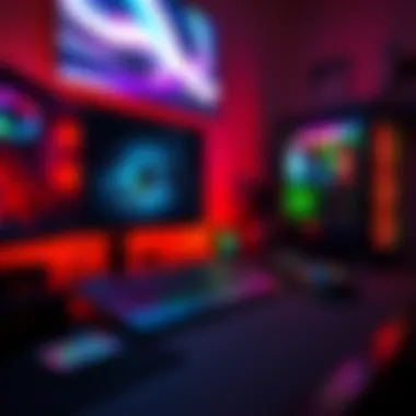 A gaming desk with RGB lights glowing on a keyboard, mouse, and PC tower