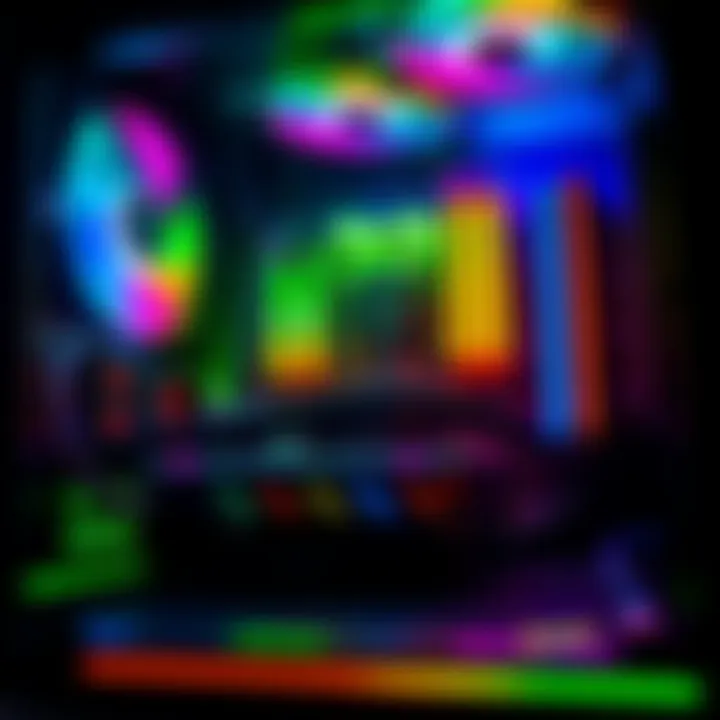 A close-up view of a modern gaming PC showcasing vibrant RGB lighting on components, including fans and motherboard, illuminating the interior with various colors.
