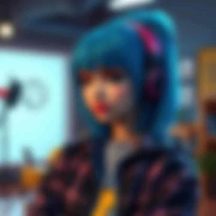Rhianna Devries posing as Chloe Price, showcasing her iconic blue hair and casual style in a studio setting.
