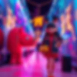 A vibrant scene showing Rhino's design elements merged with Follie animation styles, portraying colorful art and fashion in a creative display.