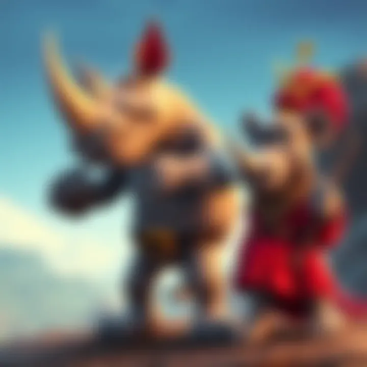 A cartoonish Rhino character confidently holding a giant boot as a weapon, with a playful expression. Limbo is next to him, waving a cane with flair.