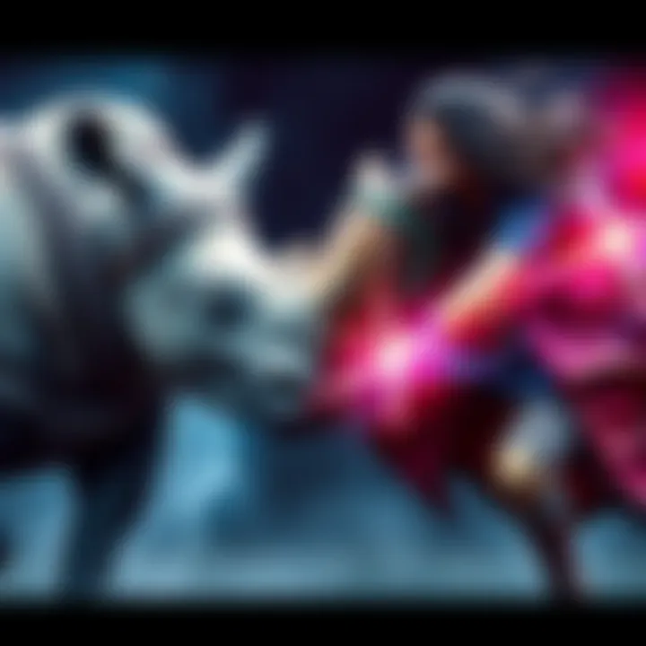 Artistic portrayal of Rhino and Nezha engaged in a powerful moment
