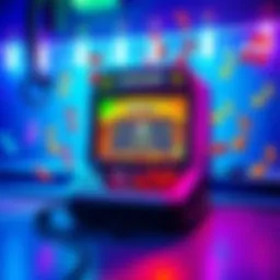 A vibrant scene showing a nostalgic rhythm game console with colorful musical notes surrounding it, symbolizing the link between gaming and music.