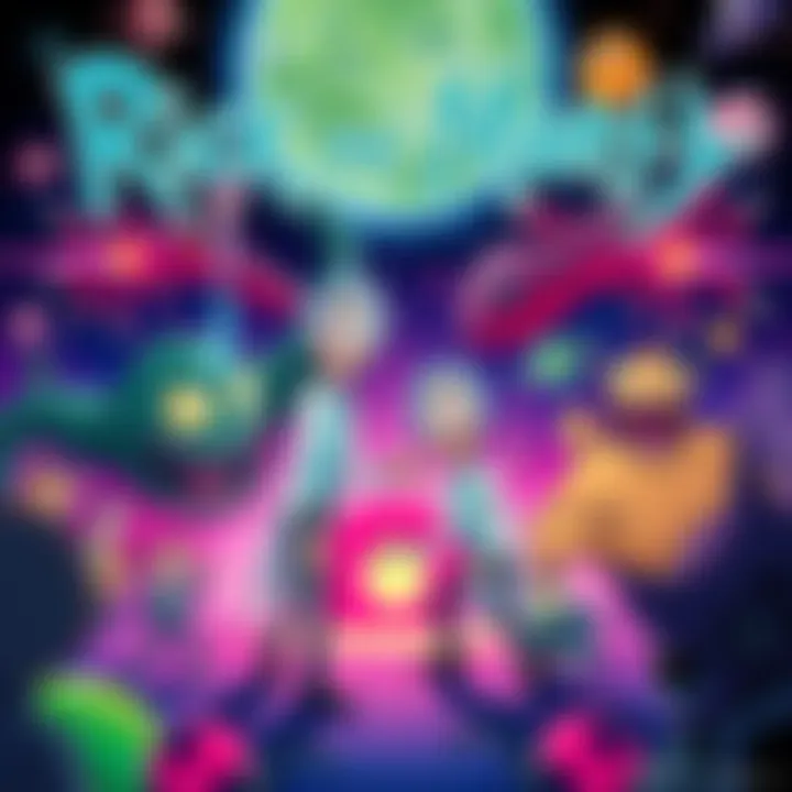 Rick and Morty battling strange creatures in a colorful universe