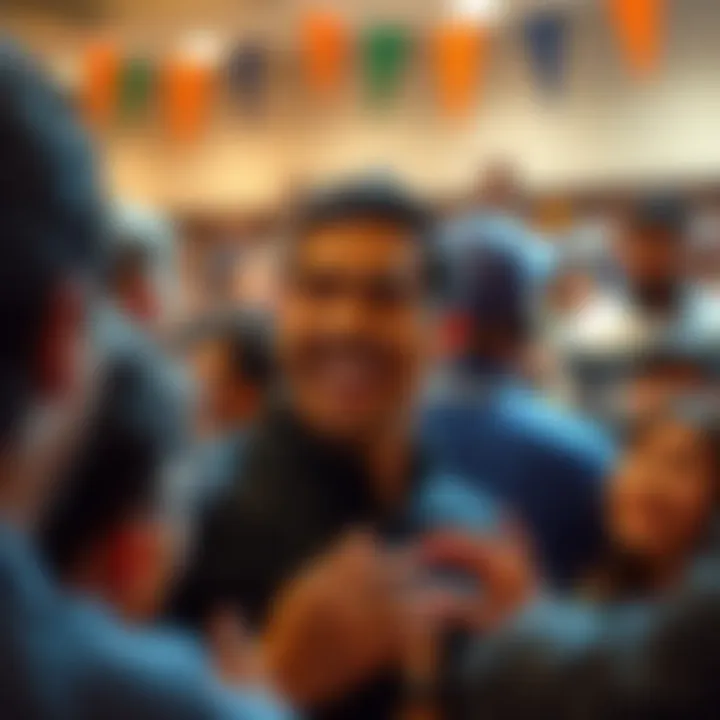 Rico engaging with a crowd at a community event, people surrounding him, showing excitement and interest.