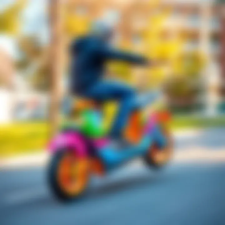 A colorful rideable wheelie scooter inspired by Kirby Air Ride, showcasing its fun design as someone rides it in a park.